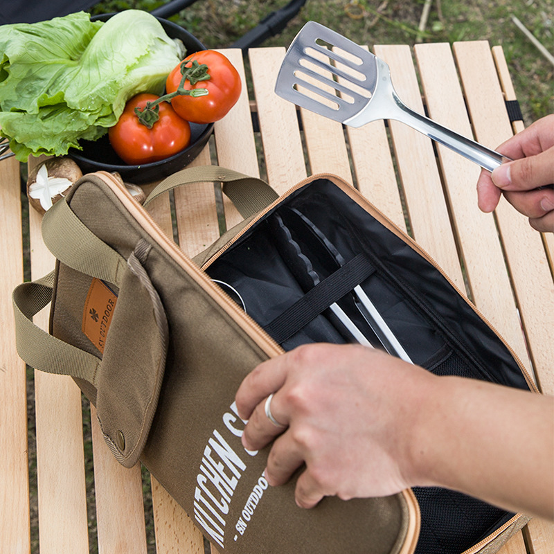 Camping Cooking Utensil Organizer - 8-delige campingkeukenset met draagtas, outdoor reisbestek