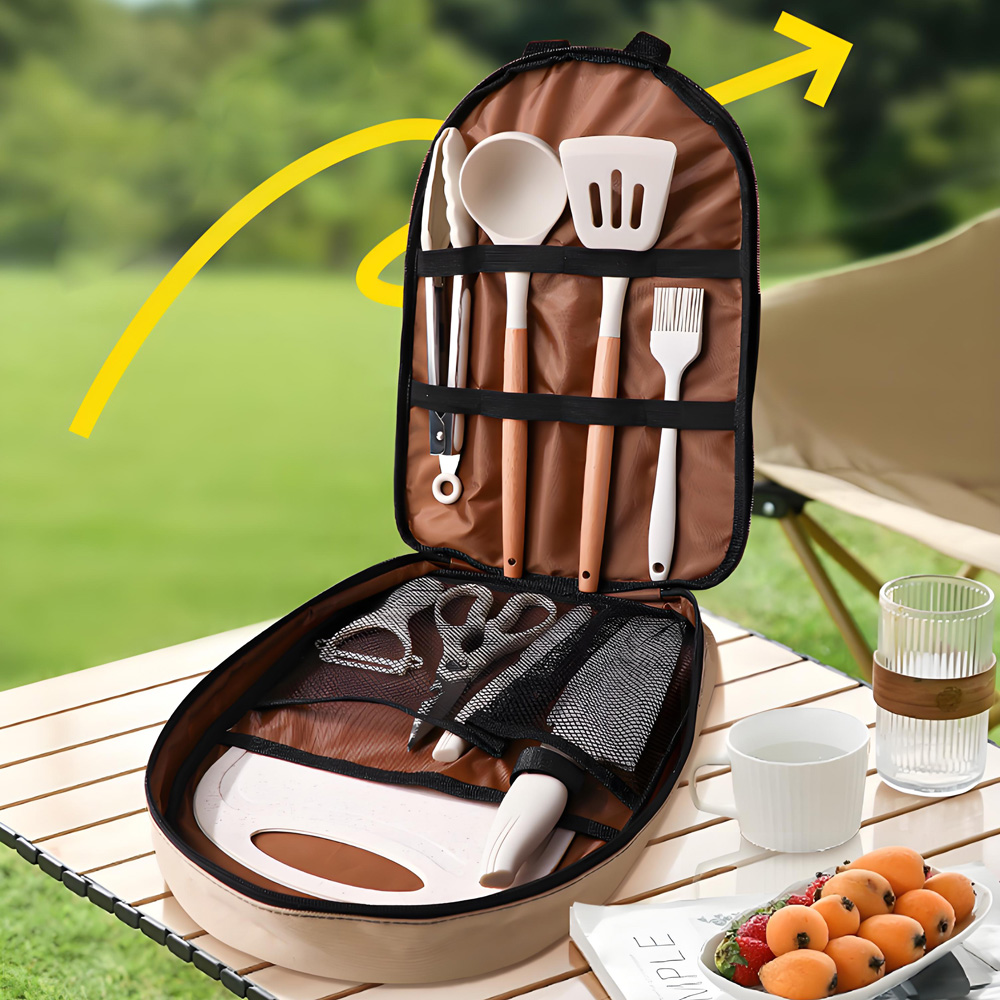Camping Cooking And Dining Set - 10-delige draagbare camping kookgerei set, siliconen