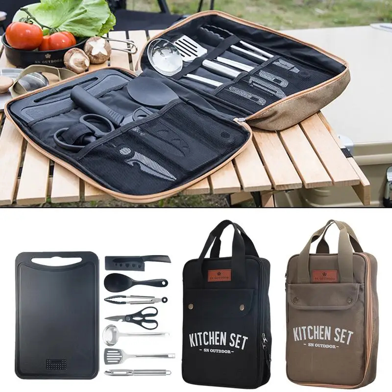 Camping Cooking And Dining Set - 8-delige campingkeukenset, draagbare outdoor reisgerei, roestvrijstalen