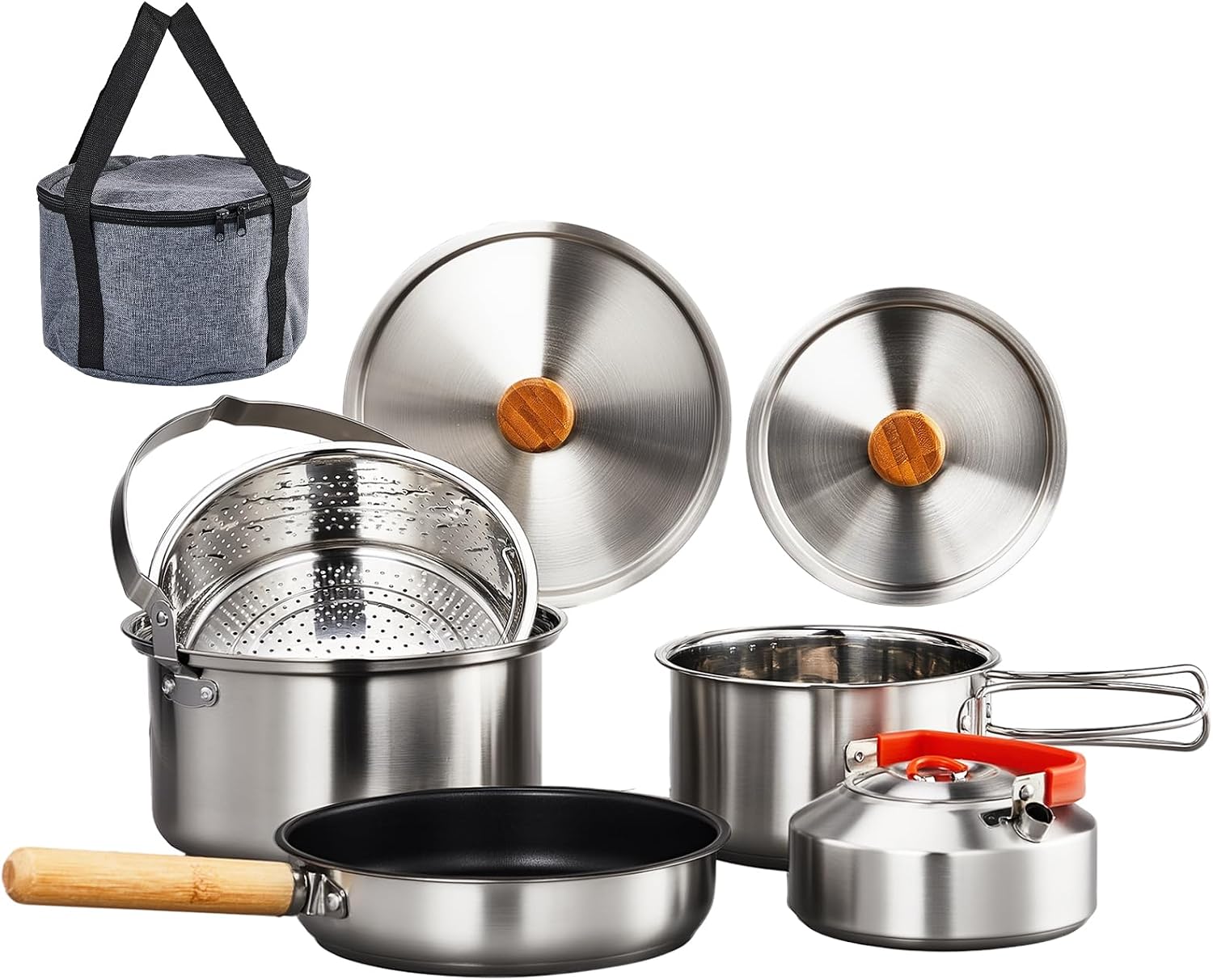 Camping Cooking Set With Kettle - 6-delige kookgereiset, 304 roestvrij staal, lichtgewicht,