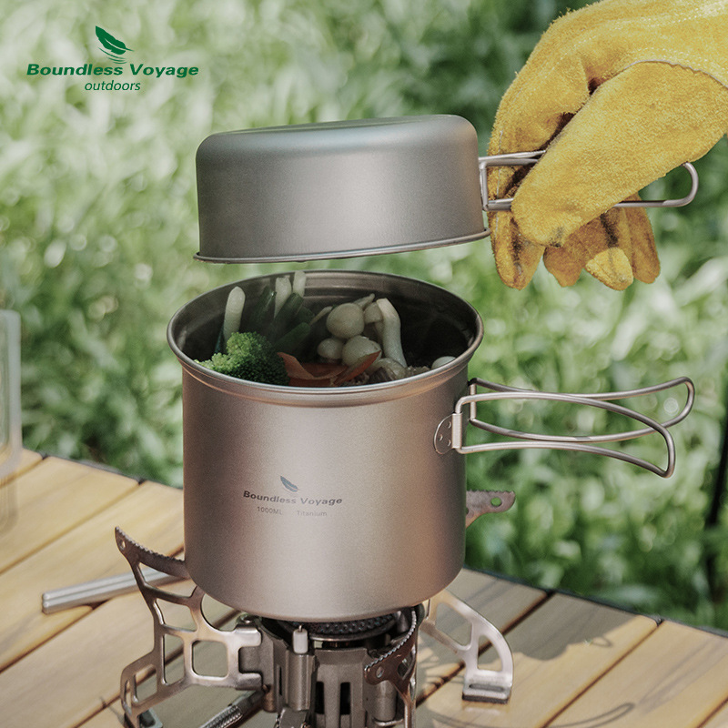 Camping Outdoor Cooking Set - Pure titanium opvouwbare kookpot + koekenpan